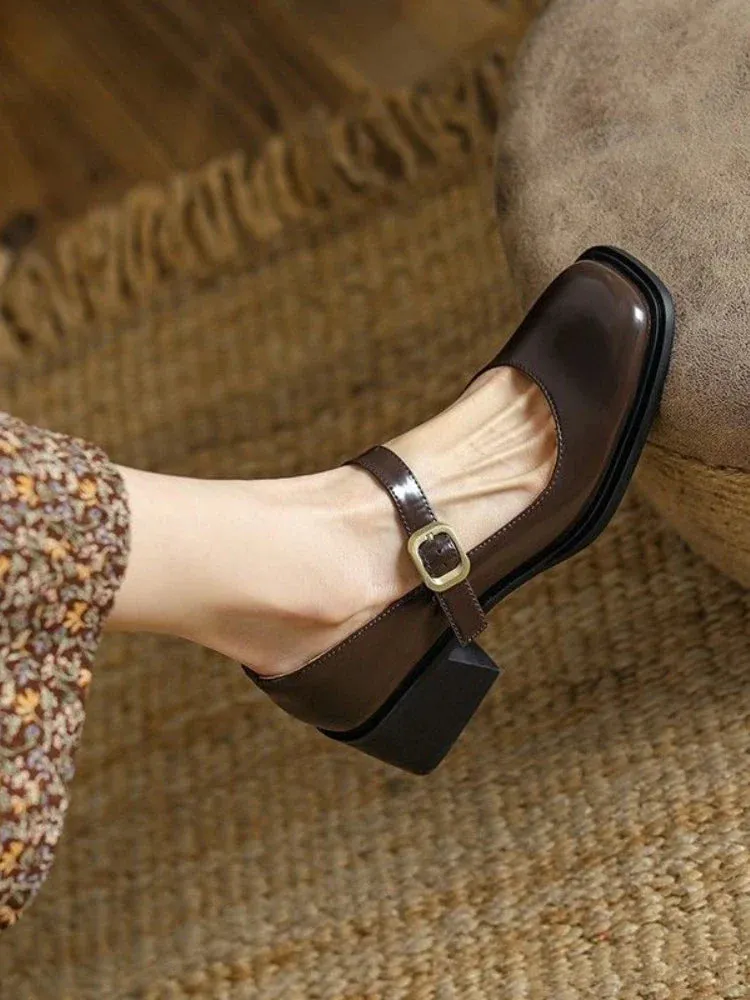 binfenxie  -   Autumn Solid Medium Heels Sandals Office Ladies Buckle Casual Korean Style Pumps Non Slip Soft Elegant Shoes Woman Vintage