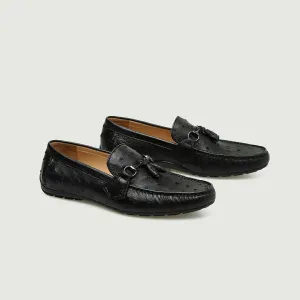 Black Ostrich Leather Balimo Slip On Tassel Horse Bit Loafers