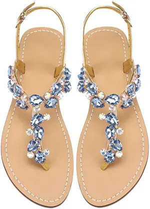 Blue Rhinestone T-Strap Summer Elegant Sandals