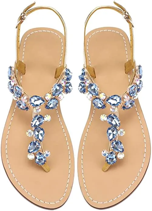 Blue Rhinestone T-Strap Summer Elegant Sandals