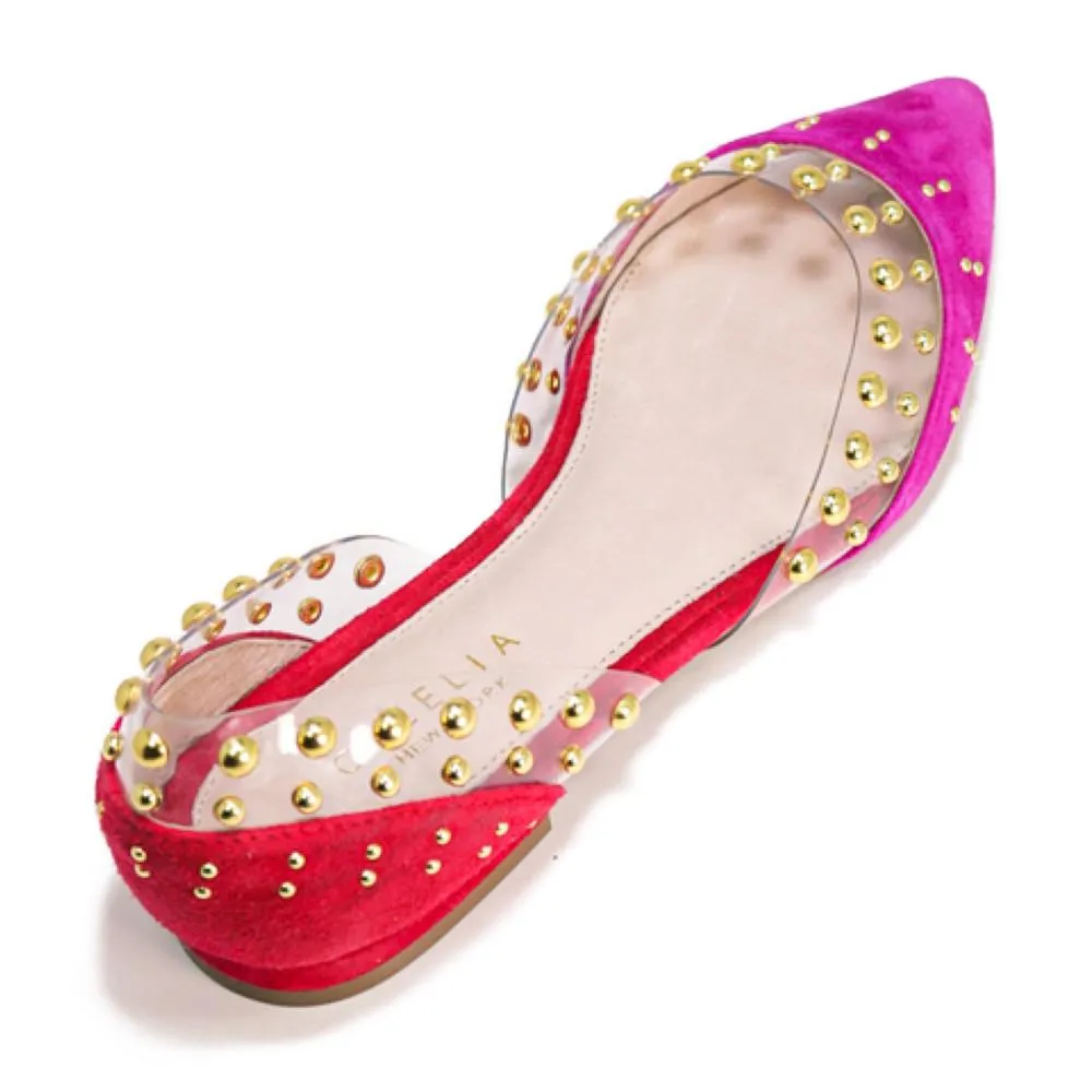 Cecelia New York Min Ballet Flat Clear Pointy Toe Embellished Neon Pink/Ruby Red