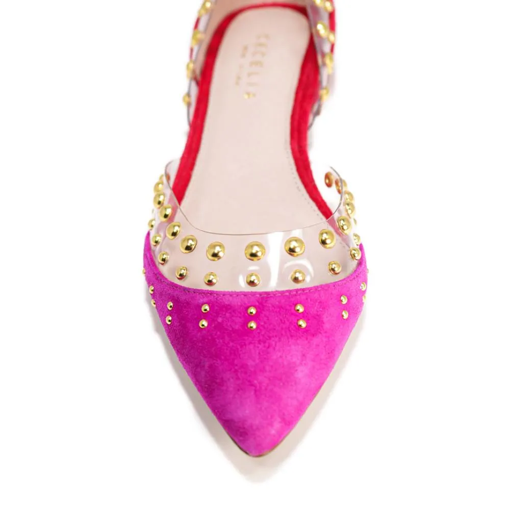 Cecelia New York Min Ballet Flat Clear Pointy Toe Embellished Neon Pink/Ruby Red