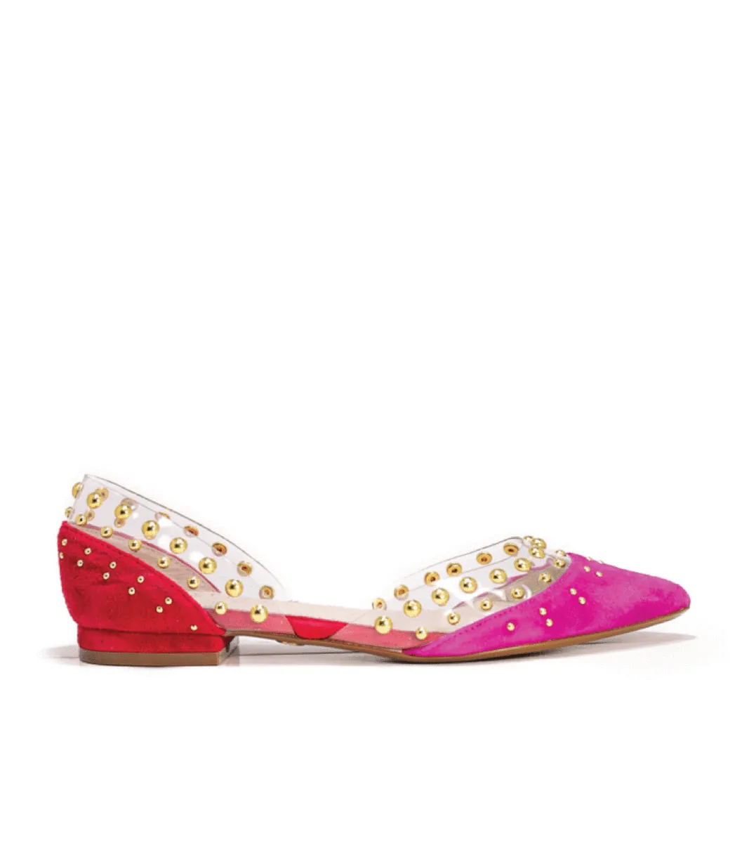Cecelia New York Min Ballet Flat Clear Pointy Toe Embellished Neon Pink/Ruby Red