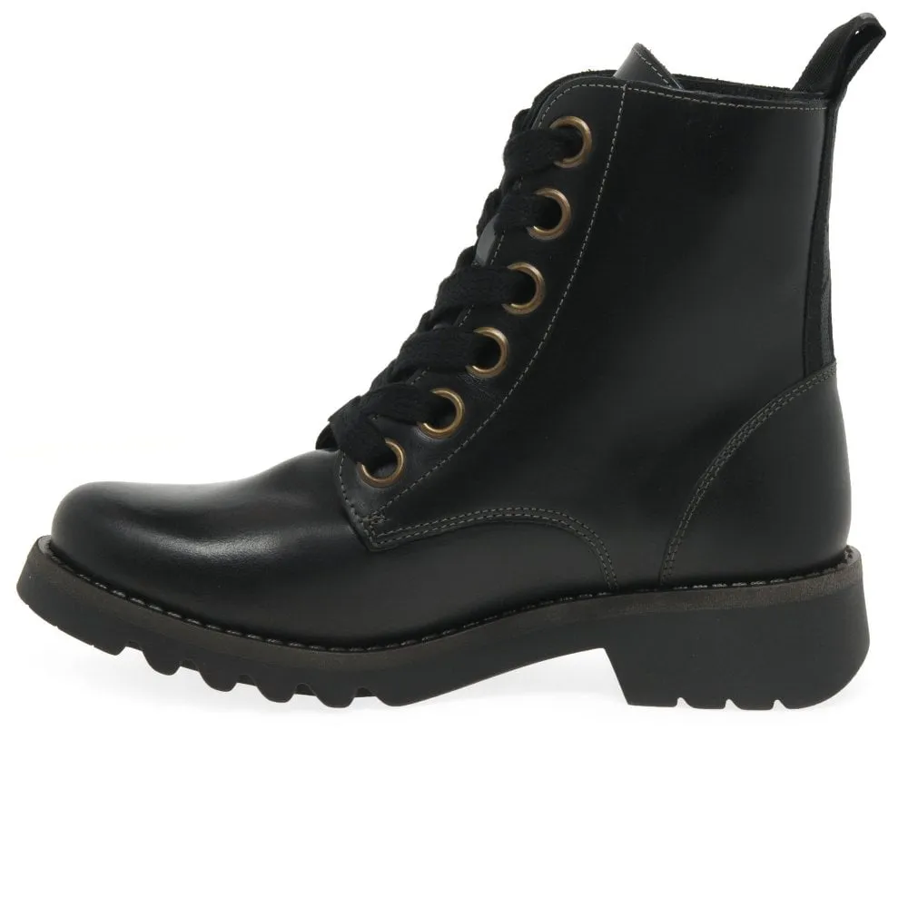 FLY London Ankle Boot Ragi BLACK Soft Leather Military Style Lace Boot