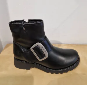 Fly London Riley BLACK Leather Zip Ankle Boot with Buckle Trim