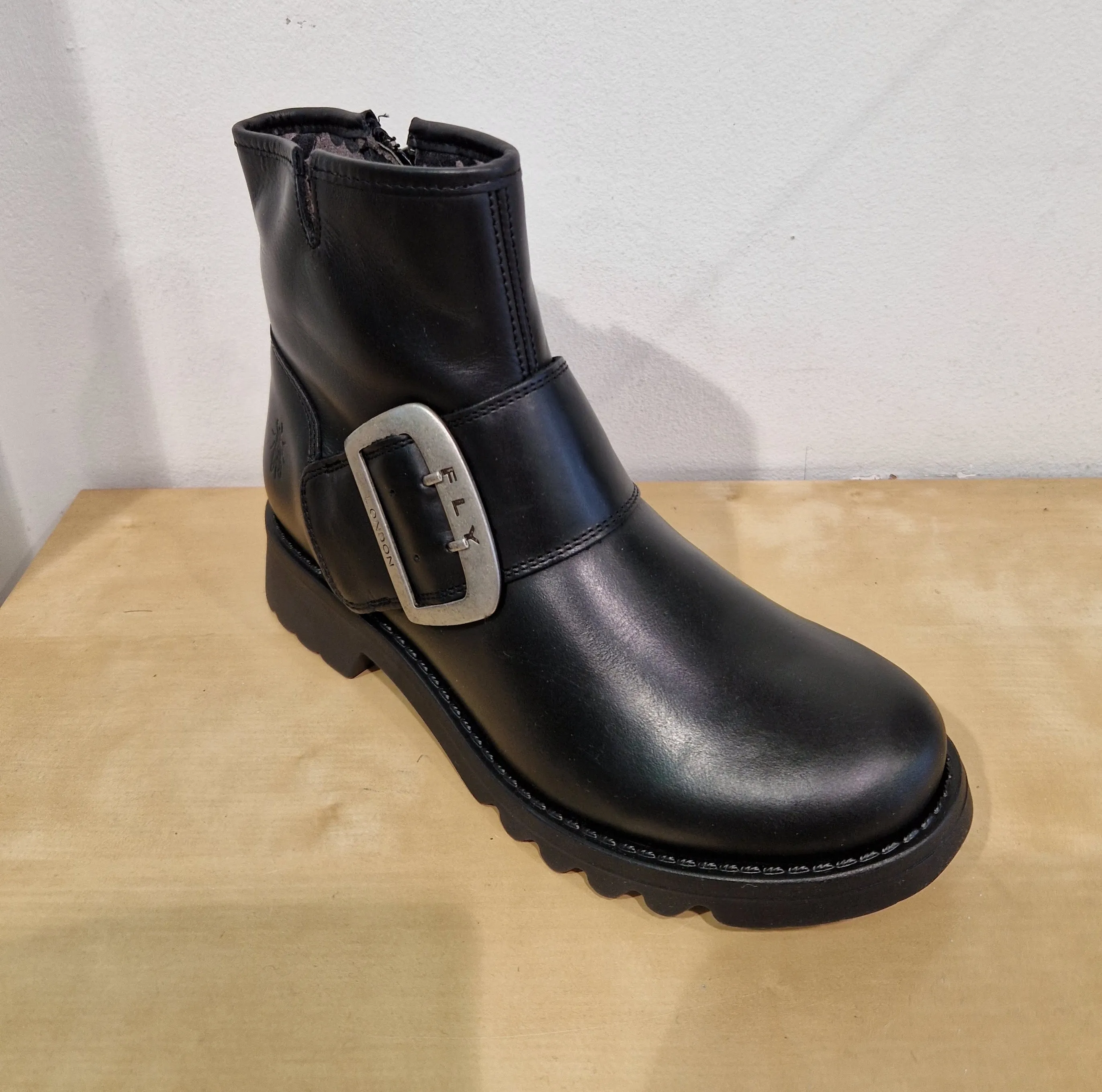 Fly London Riley BLACK Leather Zip Ankle Boot with Buckle Trim