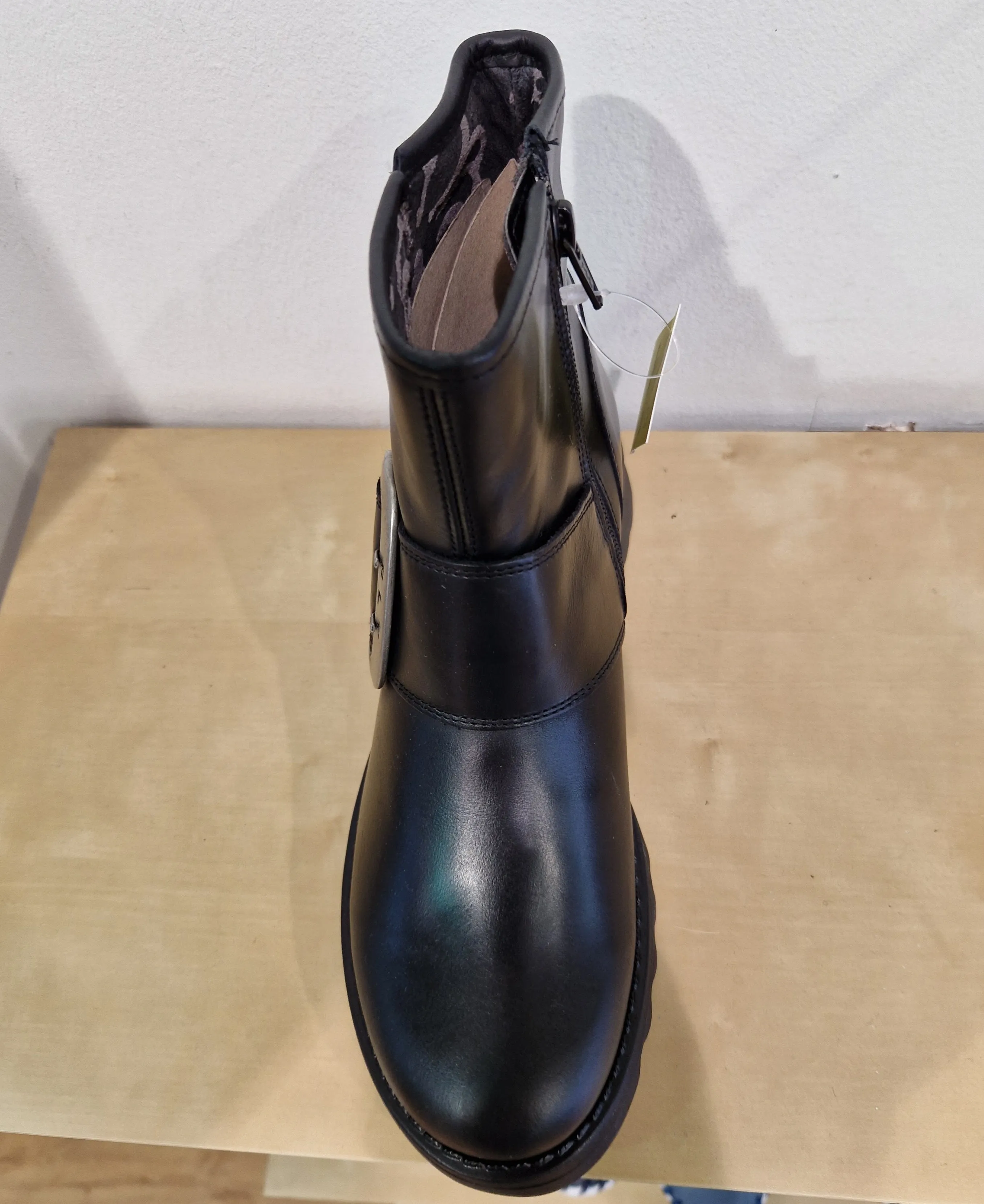 Fly London Riley BLACK Leather Zip Ankle Boot with Buckle Trim