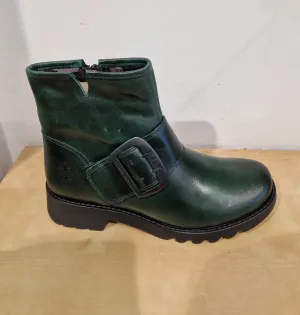 Fly London Riley PETROL Leather Zip Ankle Boot with Buckle Trim