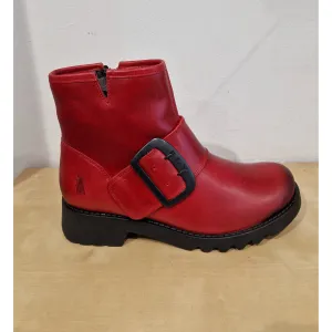 Fly London Riley RED Leather Zip Ankle Boot with Buckle Trim
