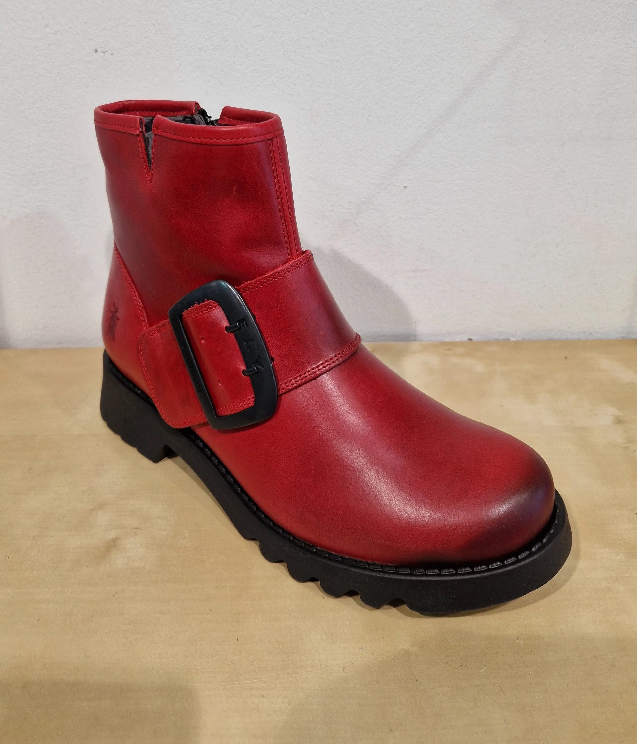 Fly London Riley RED Leather Zip Ankle Boot with Buckle Trim