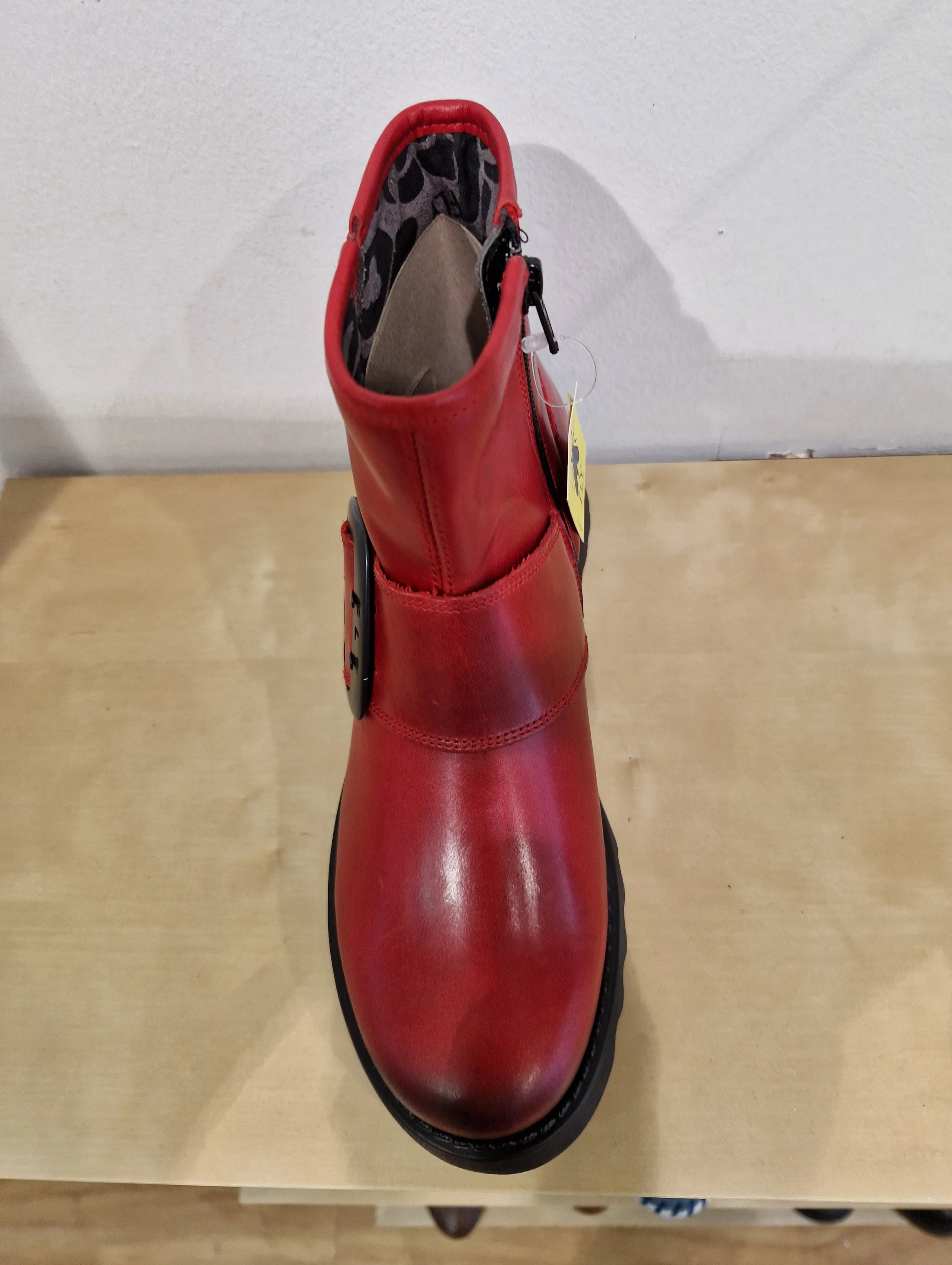 Fly London Riley RED Leather Zip Ankle Boot with Buckle Trim