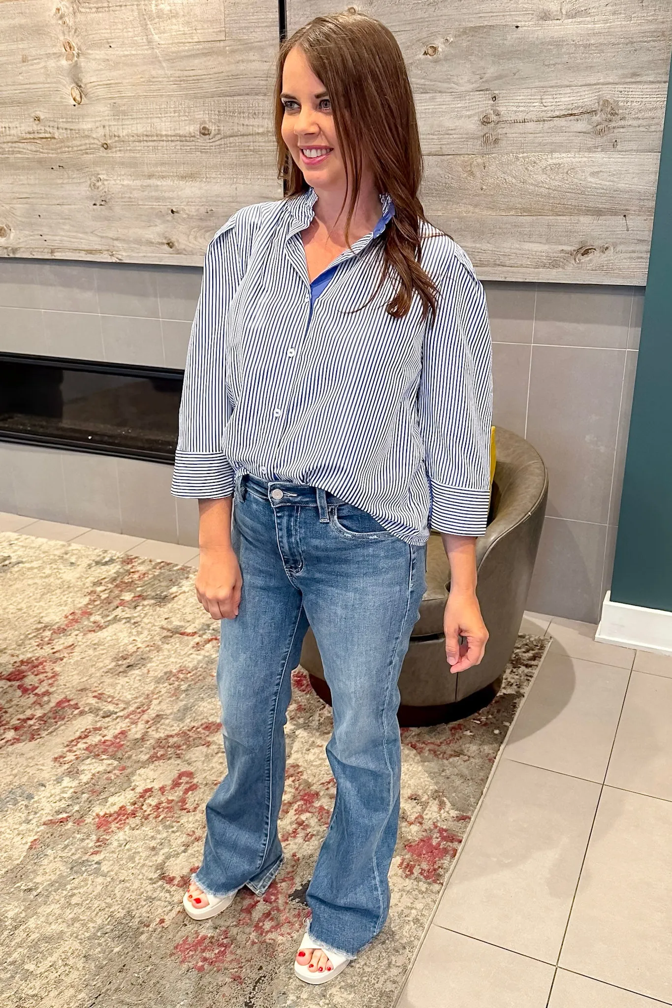 Here We Come Button Up Blue Striped Top