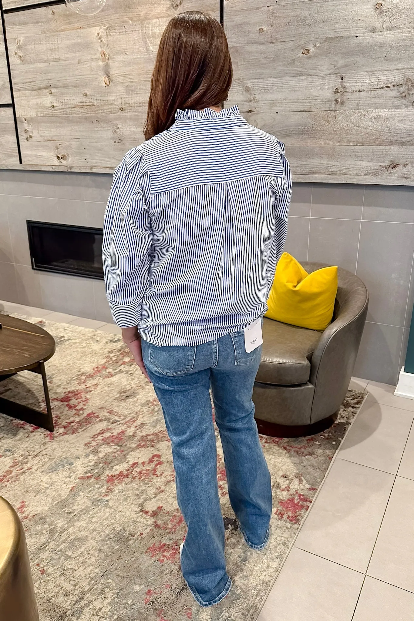 Here We Come Button Up Blue Striped Top