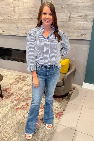 Here We Come Button Up Blue Striped Top