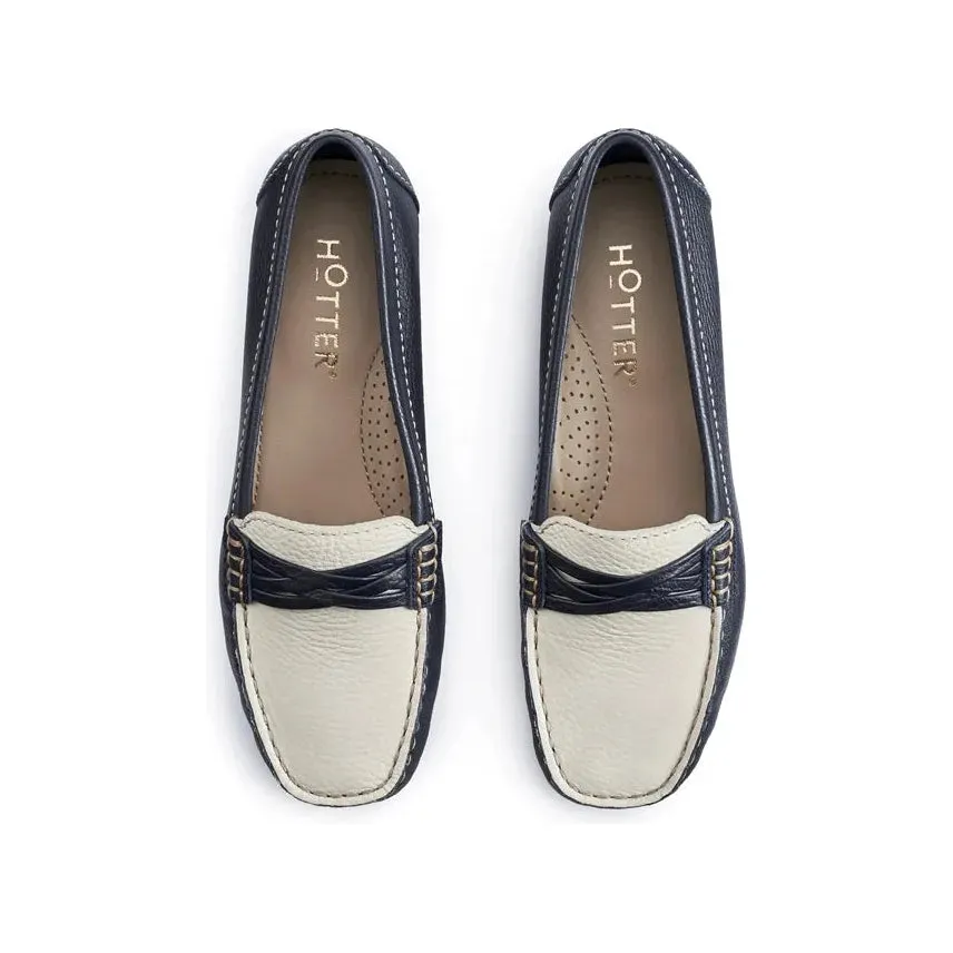 Hotter Marina NAVY/BEIGE Soft Leather Moccasin Loafer Shoes
