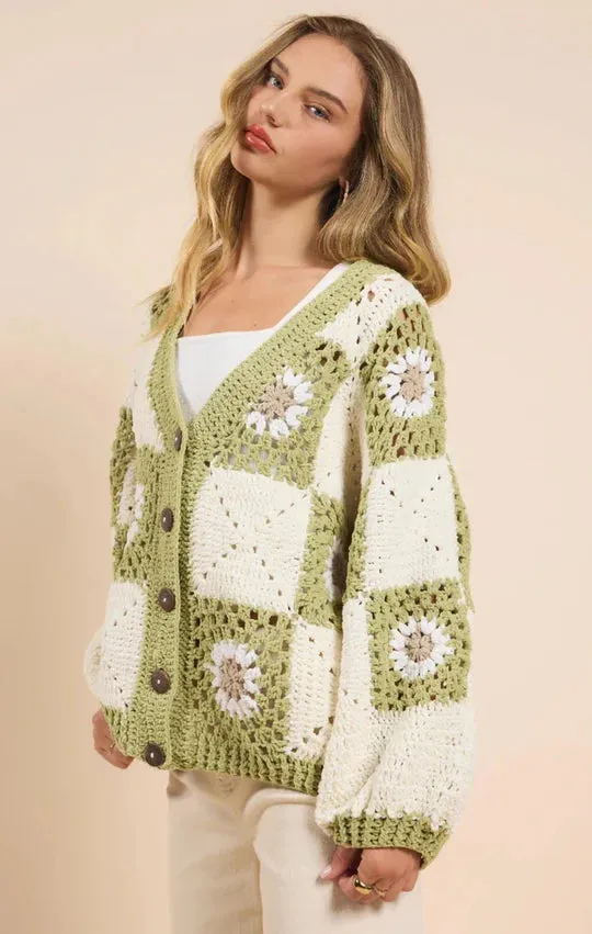 Myriam Daisy Crochet Cardigan - Ivory Green | Sadie and Sage