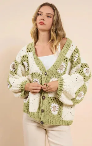 Myriam Daisy Crochet Cardigan - Ivory Green | Sadie and Sage
