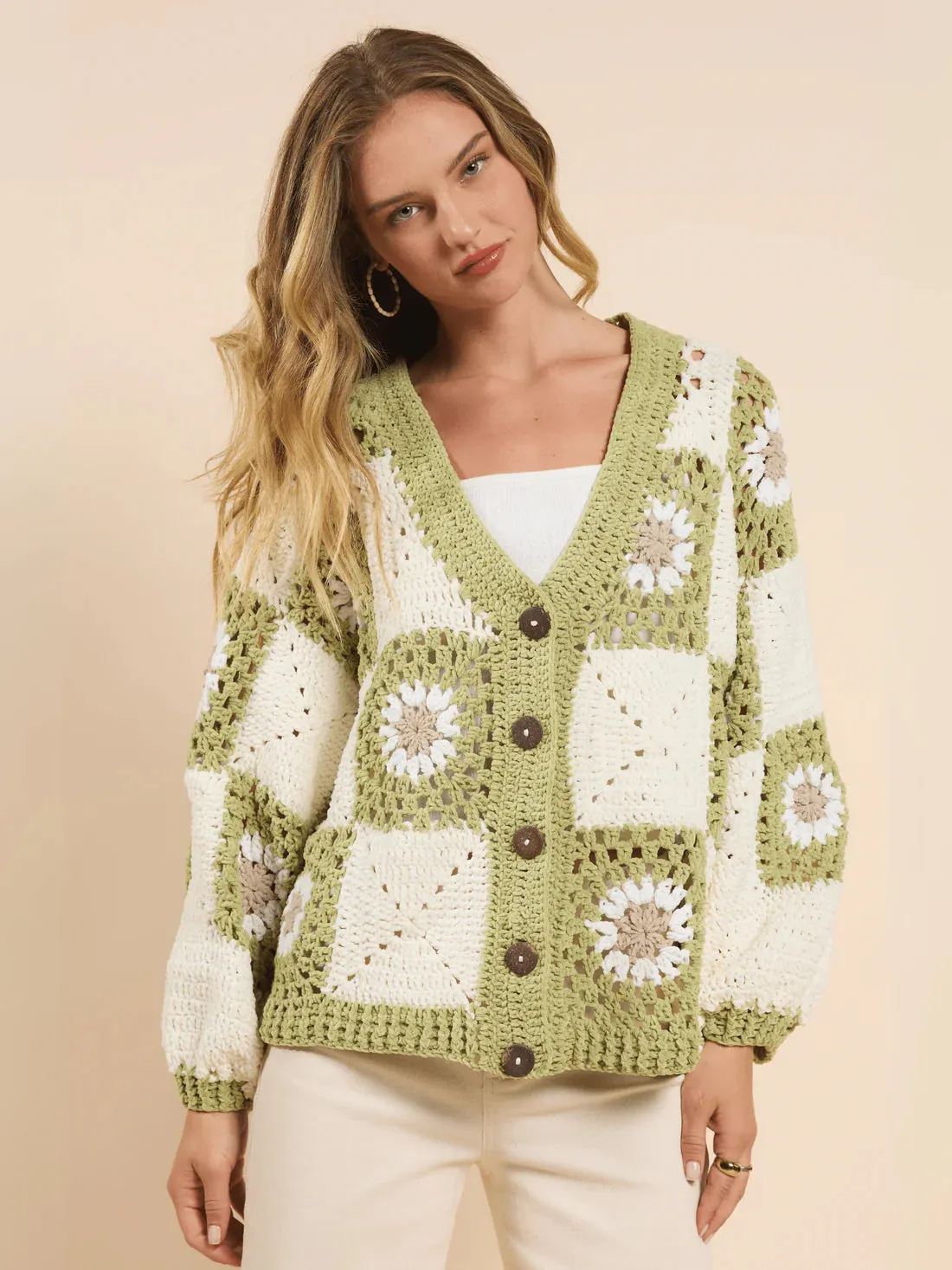 Myriam Daisy Crochet Cardigan - Ivory Green | Sadie and Sage