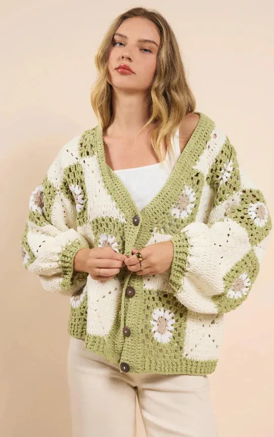 Myriam Daisy Crochet Cardigan - Ivory Green | Sadie and Sage