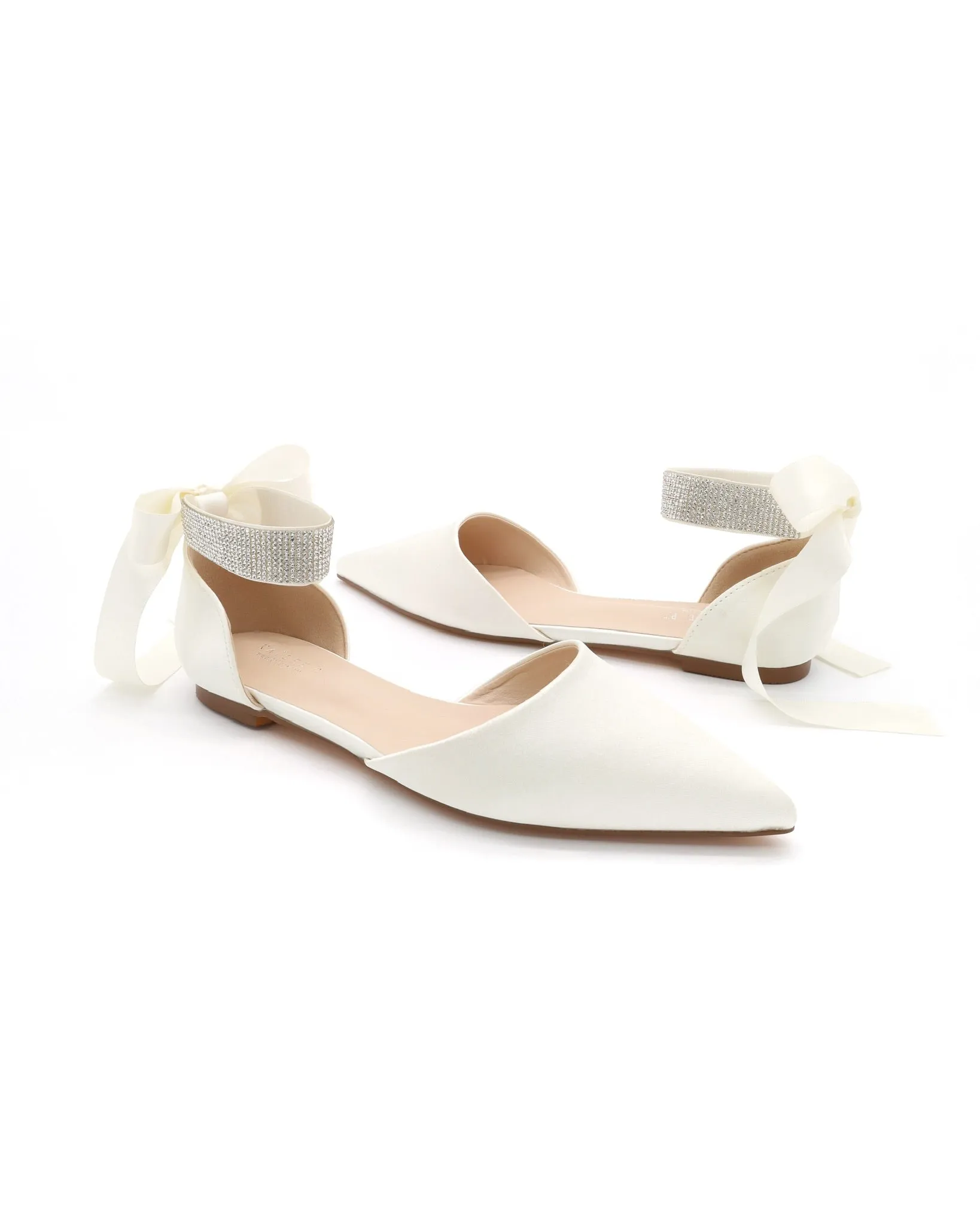 Satin Pointy Wedding Toe Flats with Rhinestones Strap