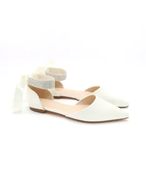 Satin Pointy Wedding Toe Flats with Rhinestones Strap
