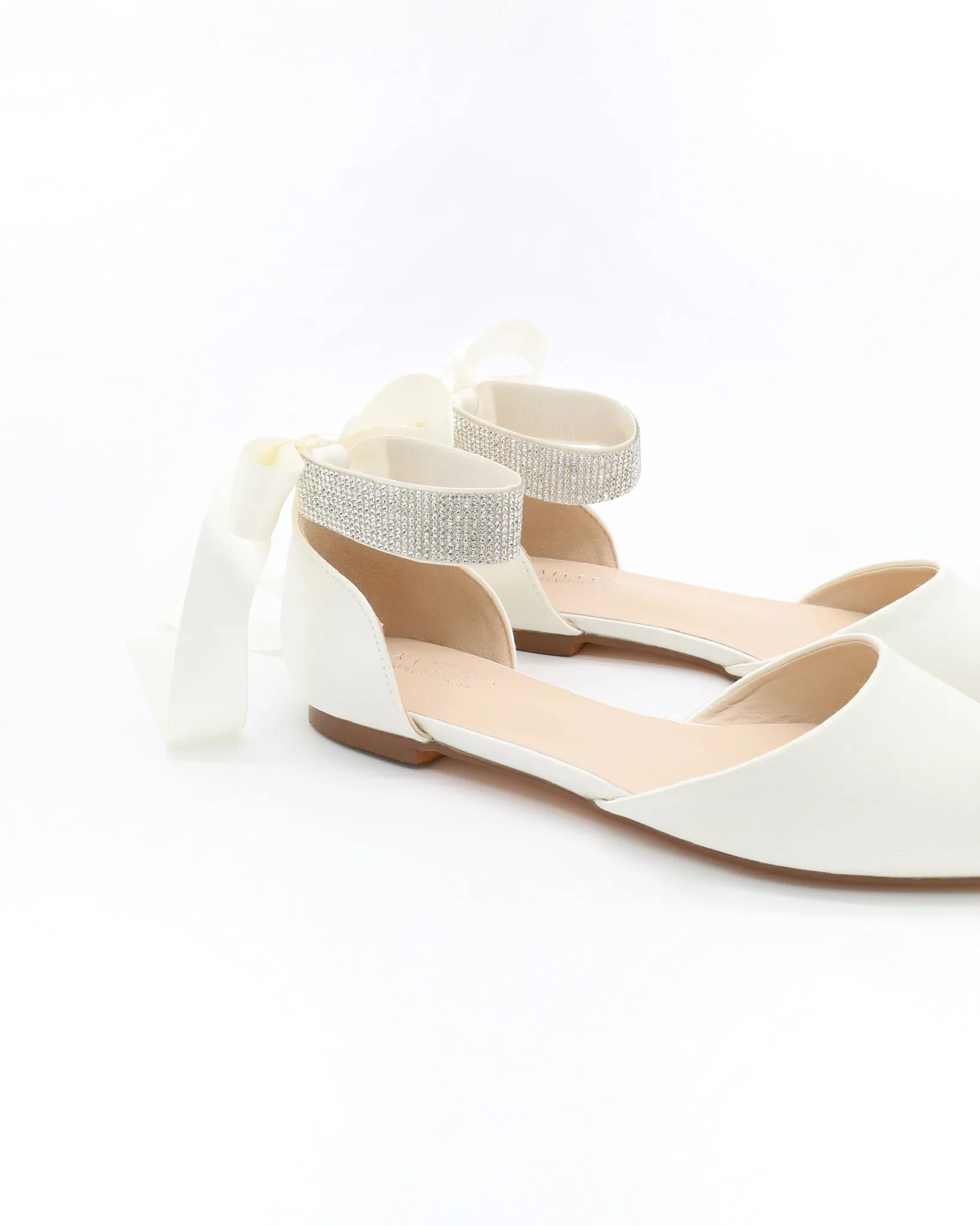 Satin Pointy Wedding Toe Flats with Rhinestones Strap