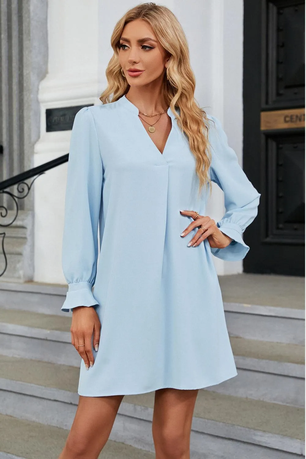 Simple Elegance Long Sleeve Notched Neck Dress