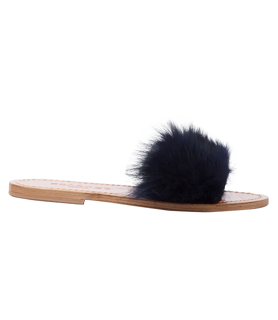 STRIPE FUR TRIMMED FLIP FLOP SANDALS BLUE