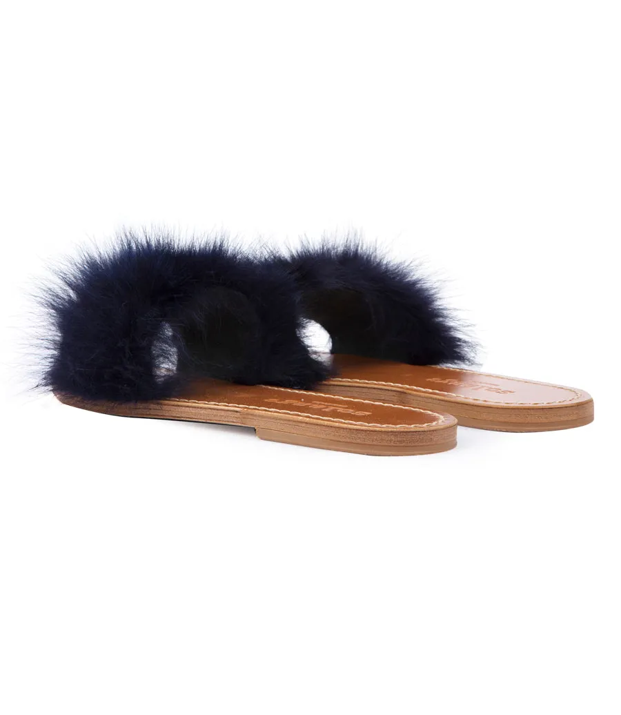 STRIPE FUR TRIMMED FLIP FLOP SANDALS BLUE