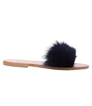 STRIPE FUR TRIMMED FLIP FLOP SANDALS BLUE
