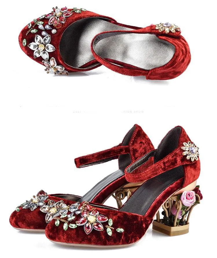 Suede Rhinestone Buckle Chunky Heel Sandals