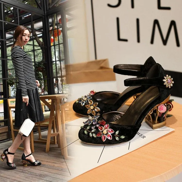 Suede Rhinestone Buckle Chunky Heel Sandals