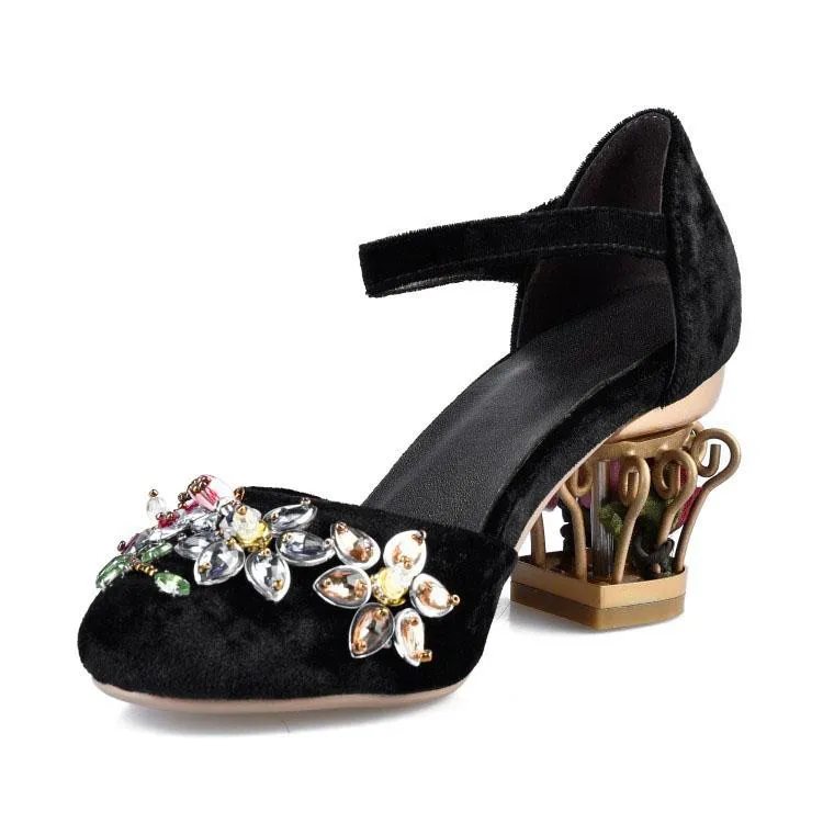 Suede Rhinestone Buckle Chunky Heel Sandals