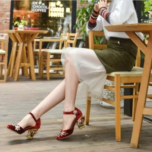 Suede Rhinestone Buckle Chunky Heel Sandals