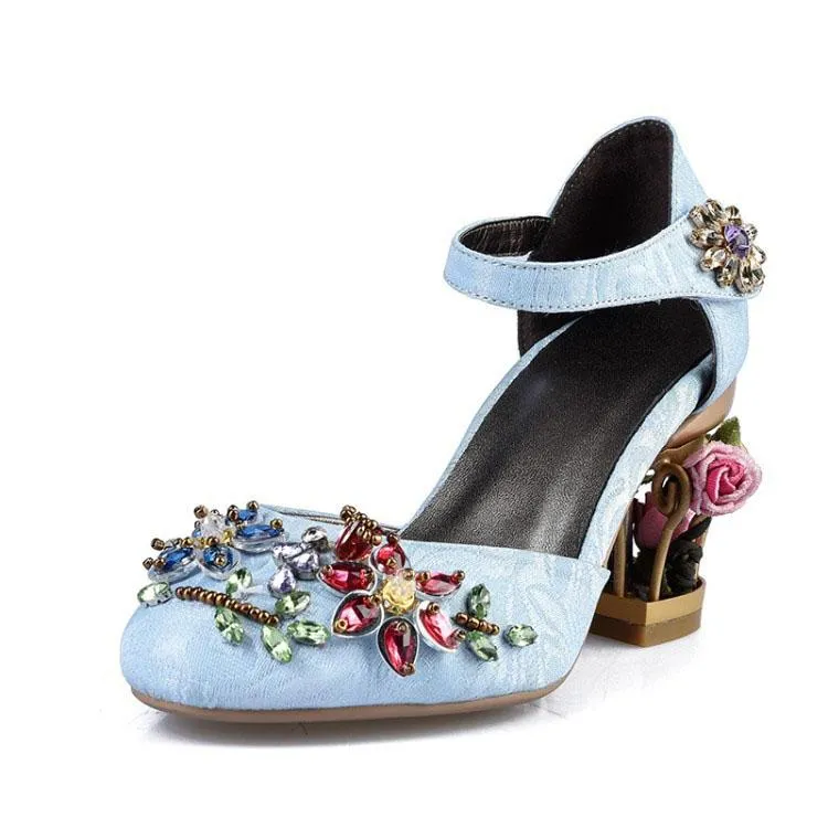 Suede Rhinestone Buckle Chunky Heel Sandals
