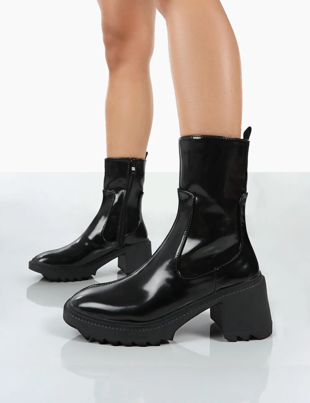 Sway Black PU Heeled Wellies Ankle Boots