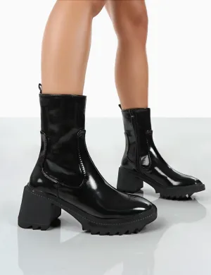 Sway Black PU Heeled Wellies Ankle Boots