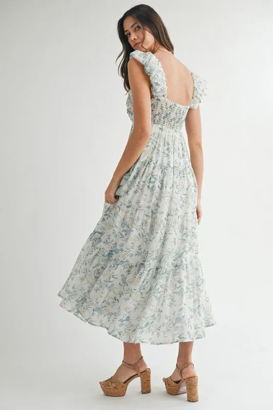 Waitlist 5/7 ♥ Liliana Ruffle Sleeve Floral Print Midi Dress Blue