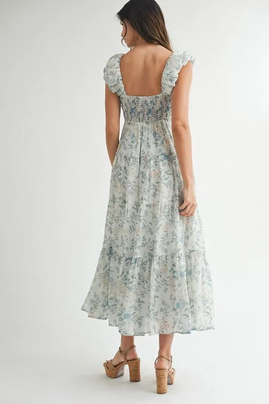 Waitlist 5/7 ♥ Liliana Ruffle Sleeve Floral Print Midi Dress Blue