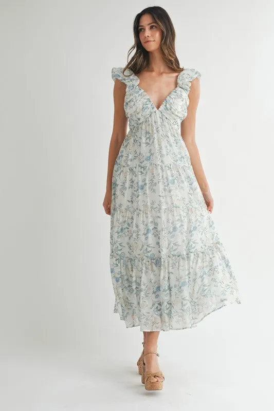 Waitlist 5/7 ♥ Liliana Ruffle Sleeve Floral Print Midi Dress Blue