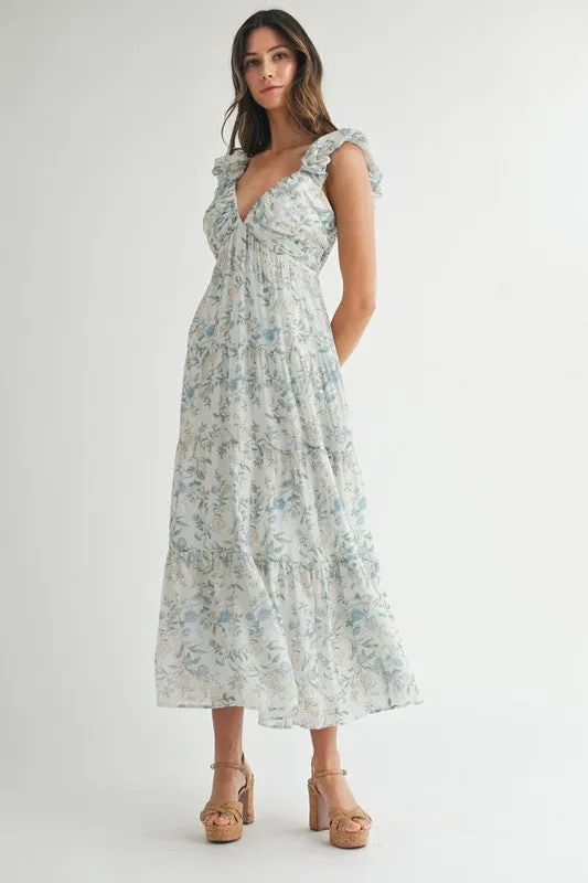 Waitlist 5/7 ♥ Liliana Ruffle Sleeve Floral Print Midi Dress Blue