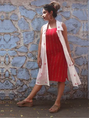 White Shirt Dress in Jamdani Fabric with Red Slip
