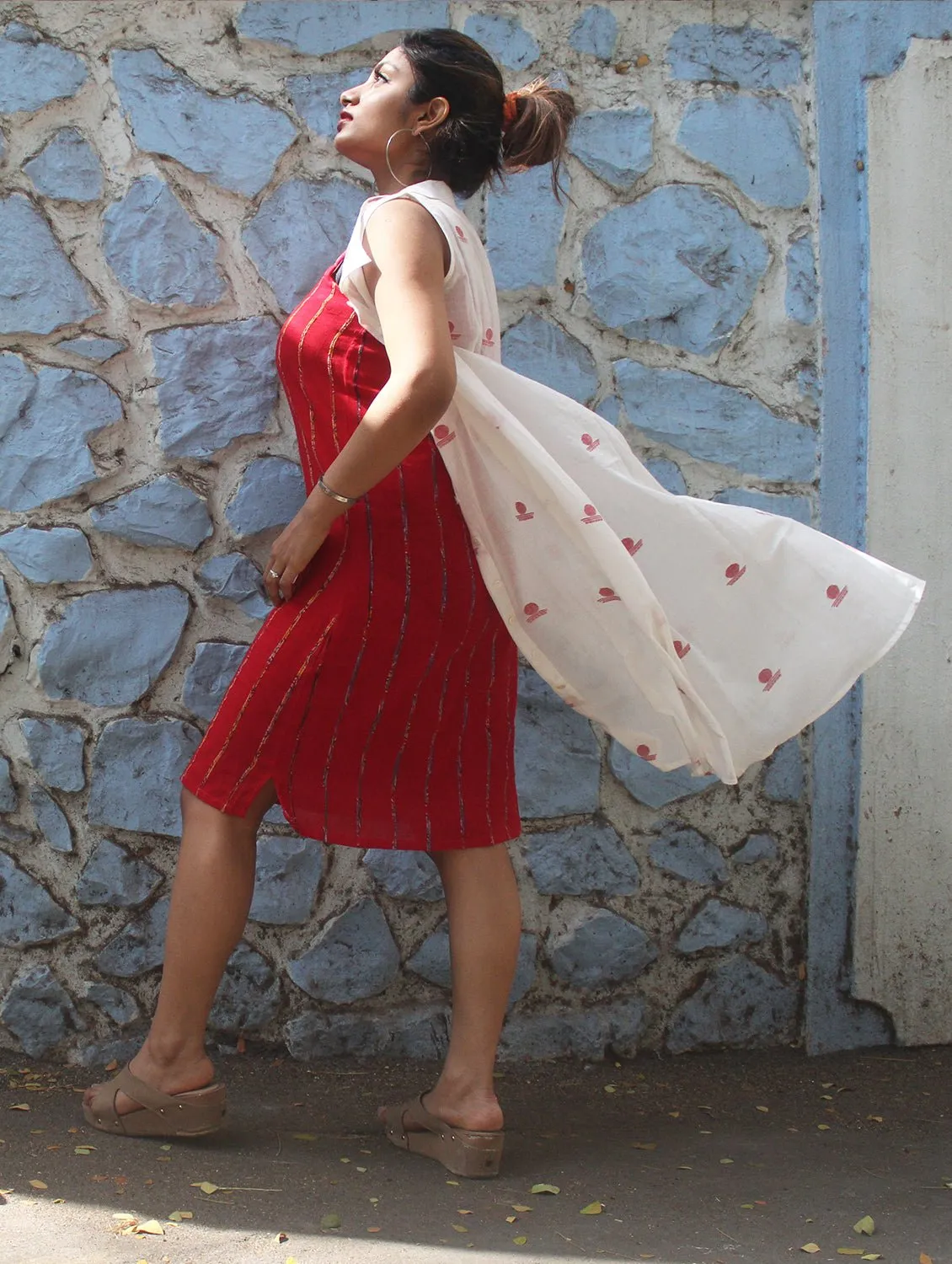 White Shirt Dress in Jamdani Fabric with Red Slip