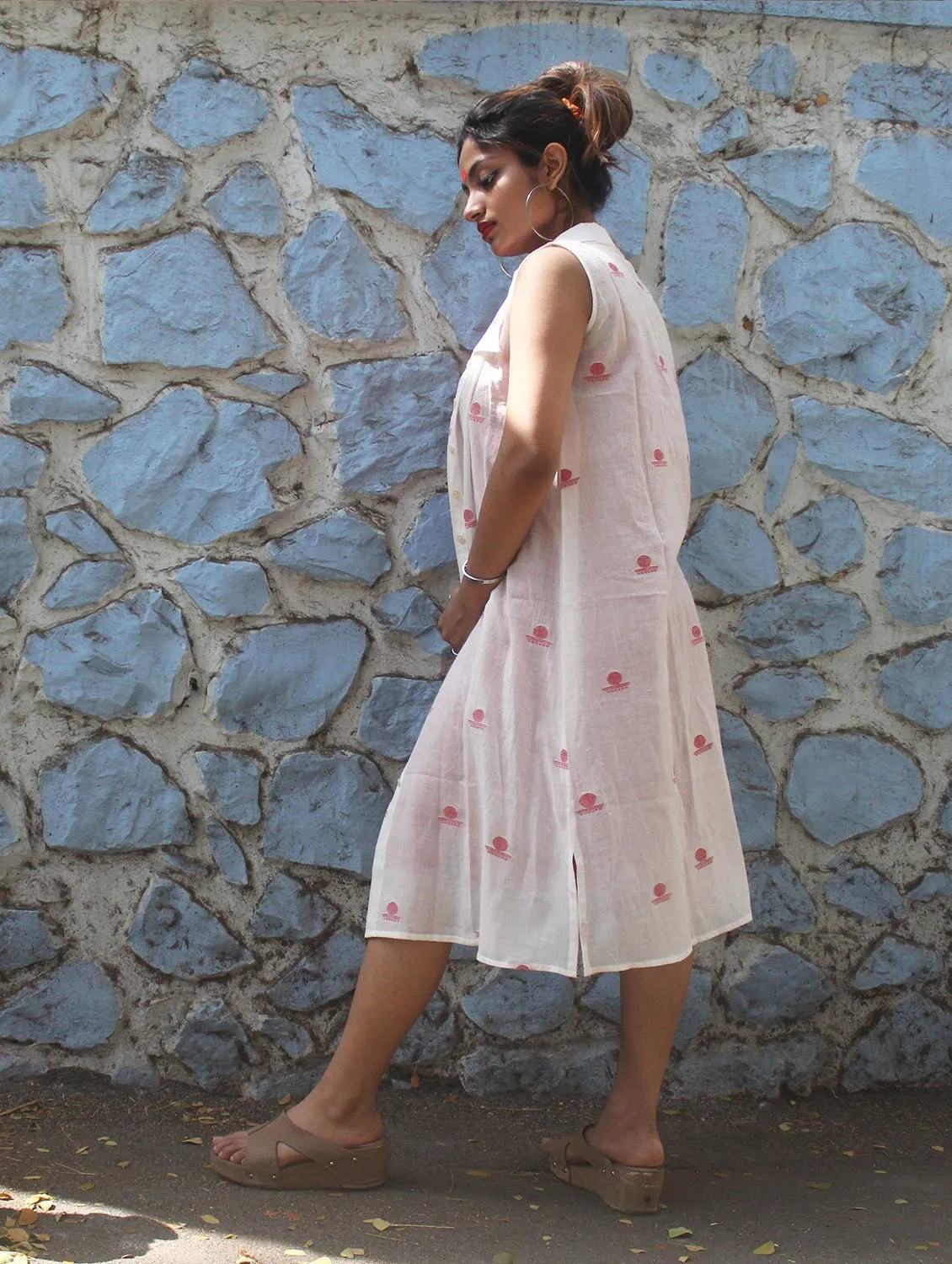 White Shirt Dress in Jamdani Fabric with Red Slip