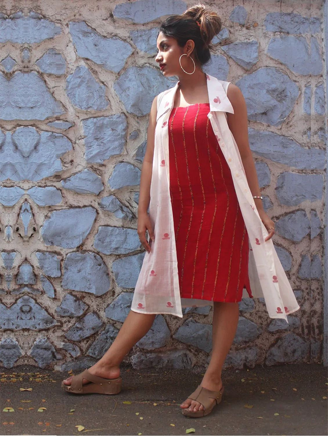 White Shirt Dress in Jamdani Fabric with Red Slip