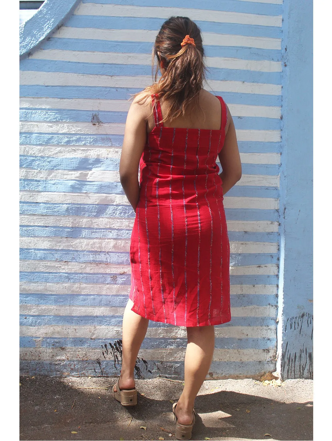 White Shirt Dress in Jamdani Fabric with Red Slip