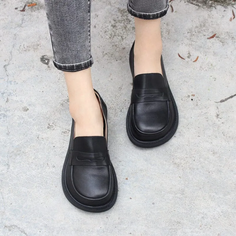 Wide Fit Big Toe Full Grain Leather Penny Loafers Handmade Uniform Shoes in Black/Coffee