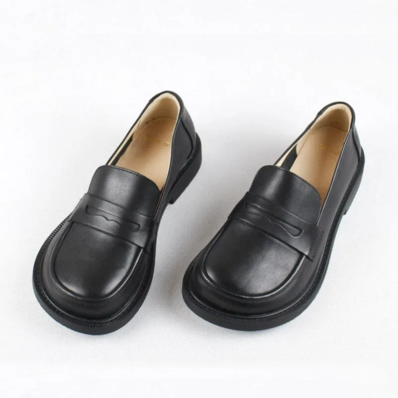Wide Fit Big Toe Full Grain Leather Penny Loafers Handmade Uniform Shoes in Black/Coffee