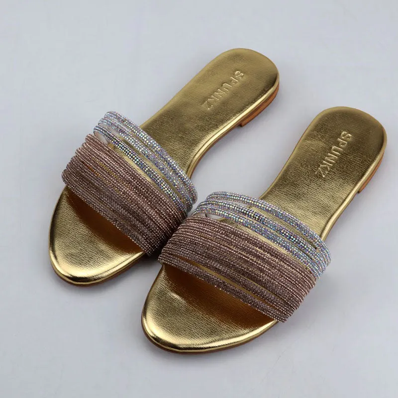 Women Rhinestones Strap Round Toe Flat Slides